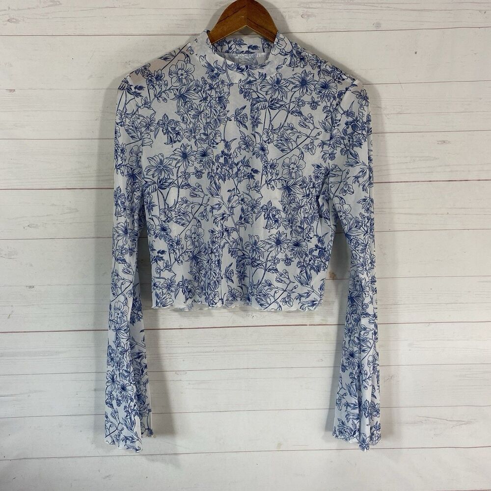 Womens Long Bell Sleeve Crop Top 2XL Blue Floral Semi-Sheer Stretch Pullover